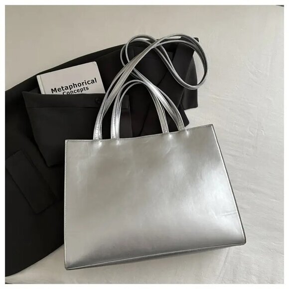 Stylish Silver Embossed TOTE BAG Handbag - Vegan Leather Shoulder Bag for Women - Picture 5 of 7